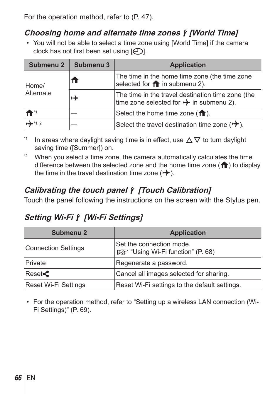 Calibrating the touch panel d [touch calibration, Setting wi-fi d [wi-fi settings | Olympus SH-1 User Manual | Page 66 / 113