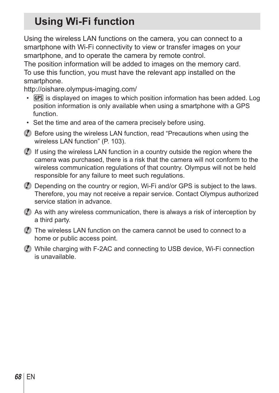 Using wi-fi function | Olympus SH-1 User Manual | Page 68 / 113