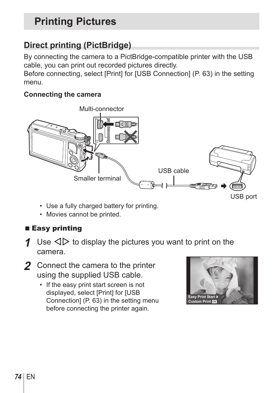 Printing pictures, Direct printing (pictbridge) | Olympus SH-1 User Manual | Page 74 / 113