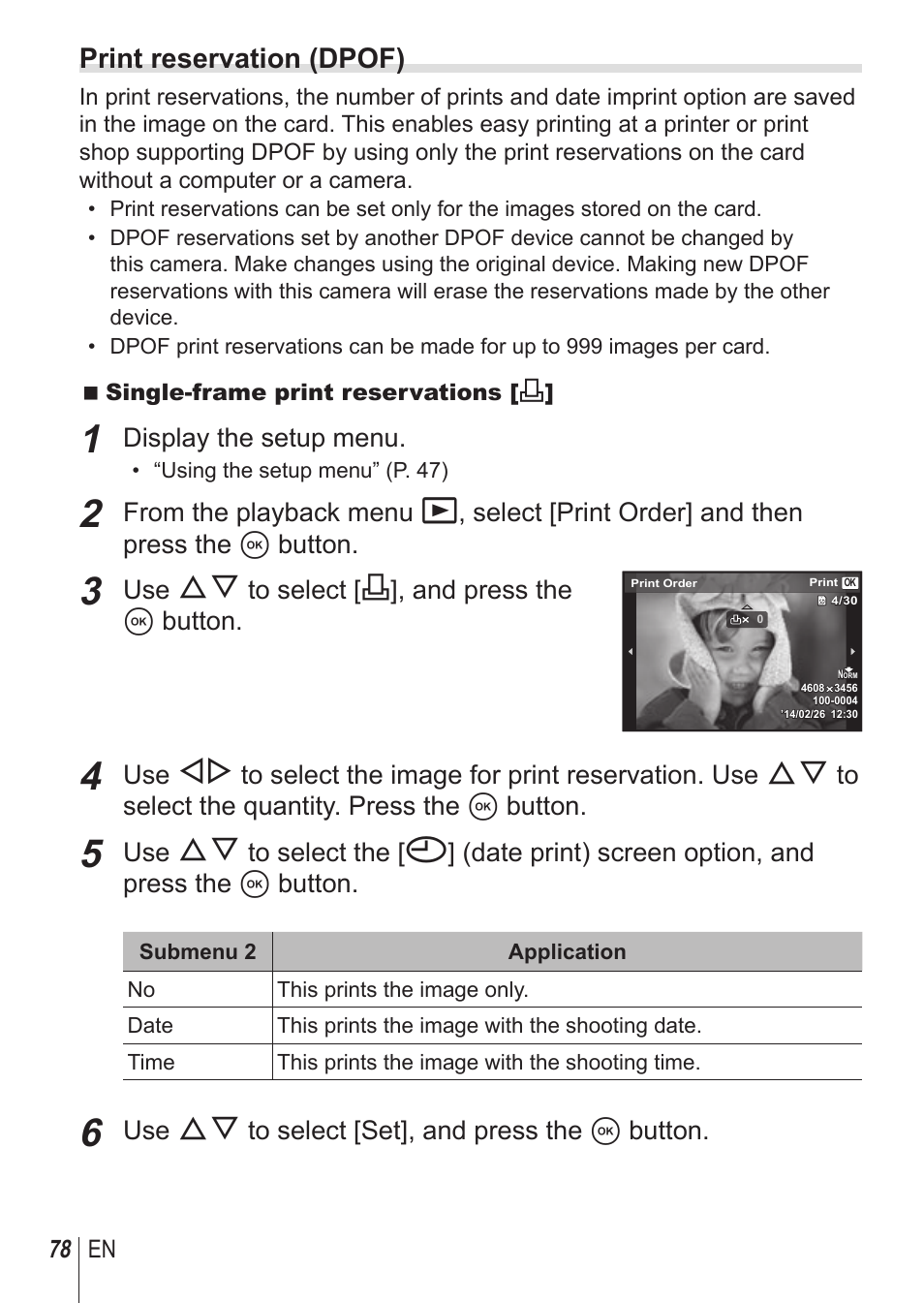 Print reservation (dpof), Display the setup menu, Use fg to select [<], and press the a button | Use fg to select [set], and press the a button, 78 en | Olympus SH-1 User Manual | Page 78 / 113