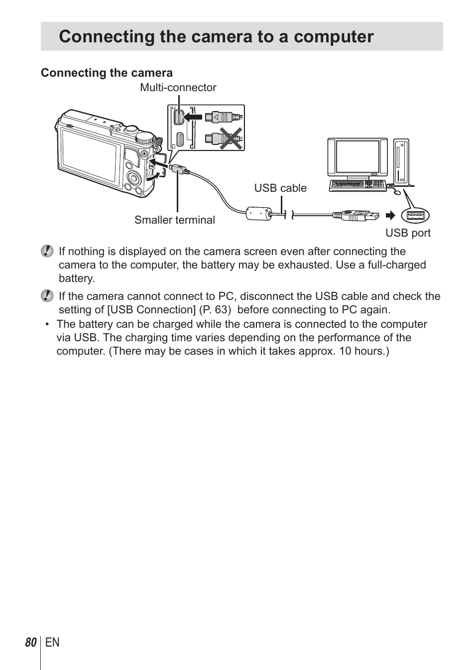Connecting the camera to a computer | Olympus SH-1 User Manual | Page 80 / 113