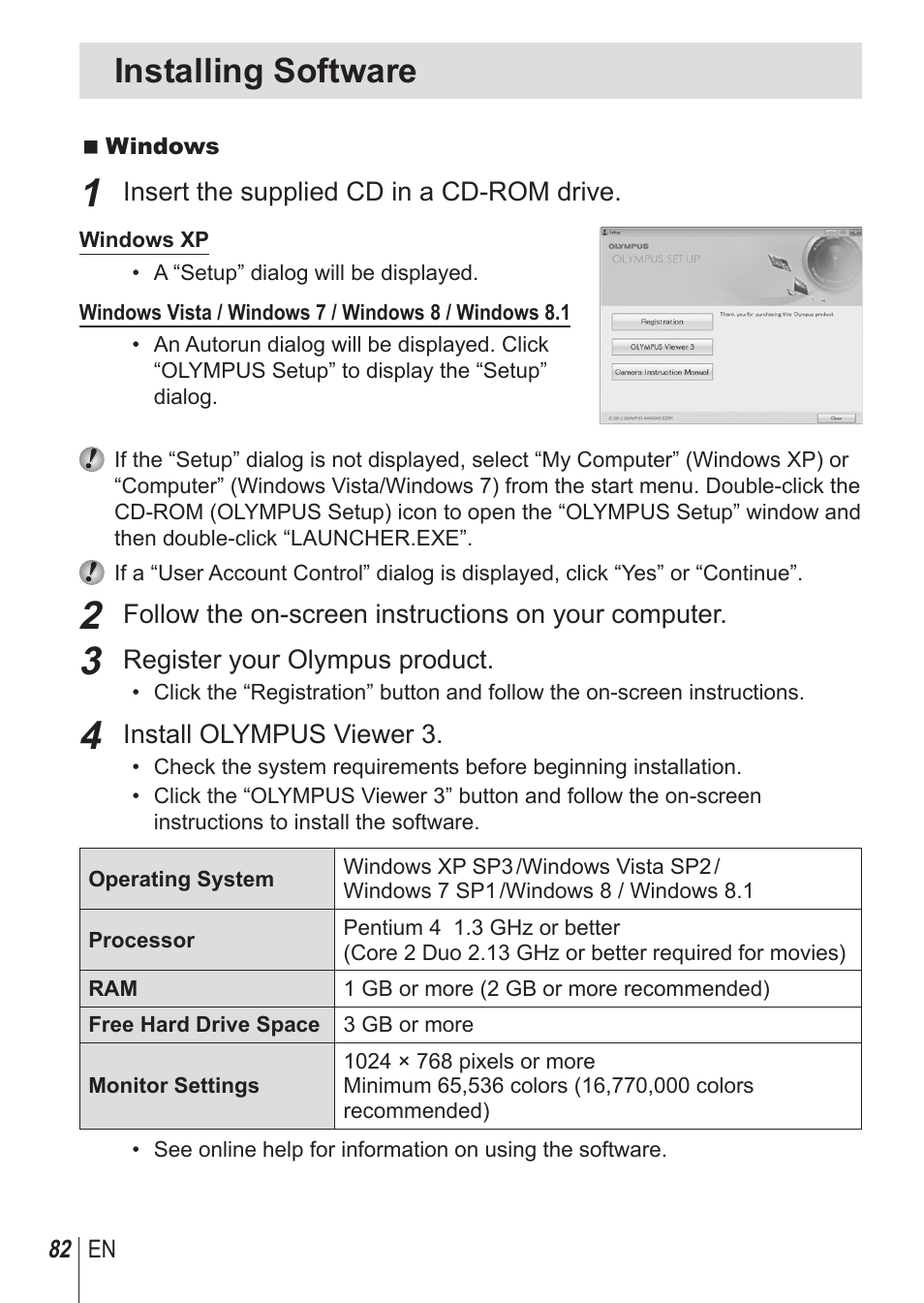 Installing software | Olympus SH-1 User Manual | Page 82 / 113