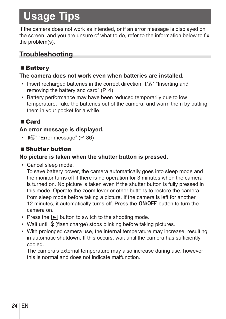 Usage tips, Troubleshooting | Olympus SH-1 User Manual | Page 84 / 113