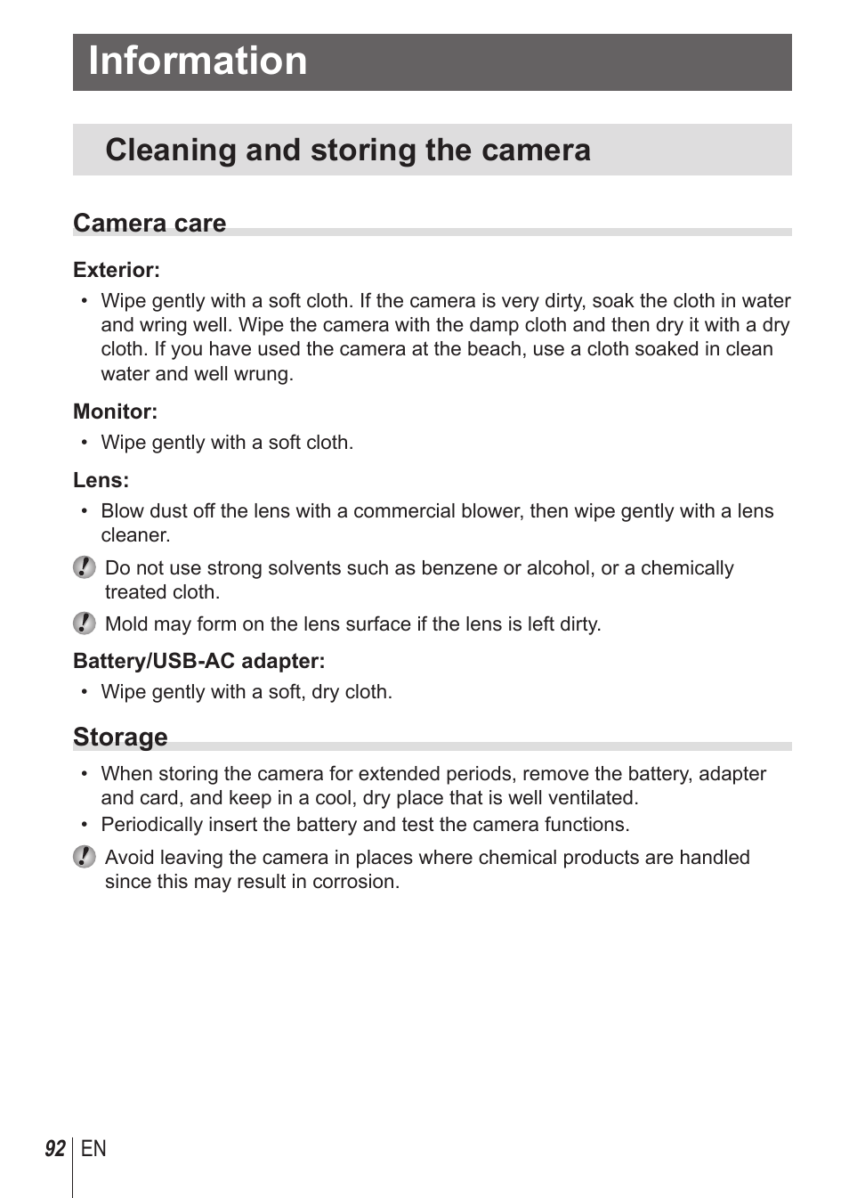 Information, Cleaning and storing the camera, Camera care | Storage | Olympus SH-1 User Manual | Page 92 / 113