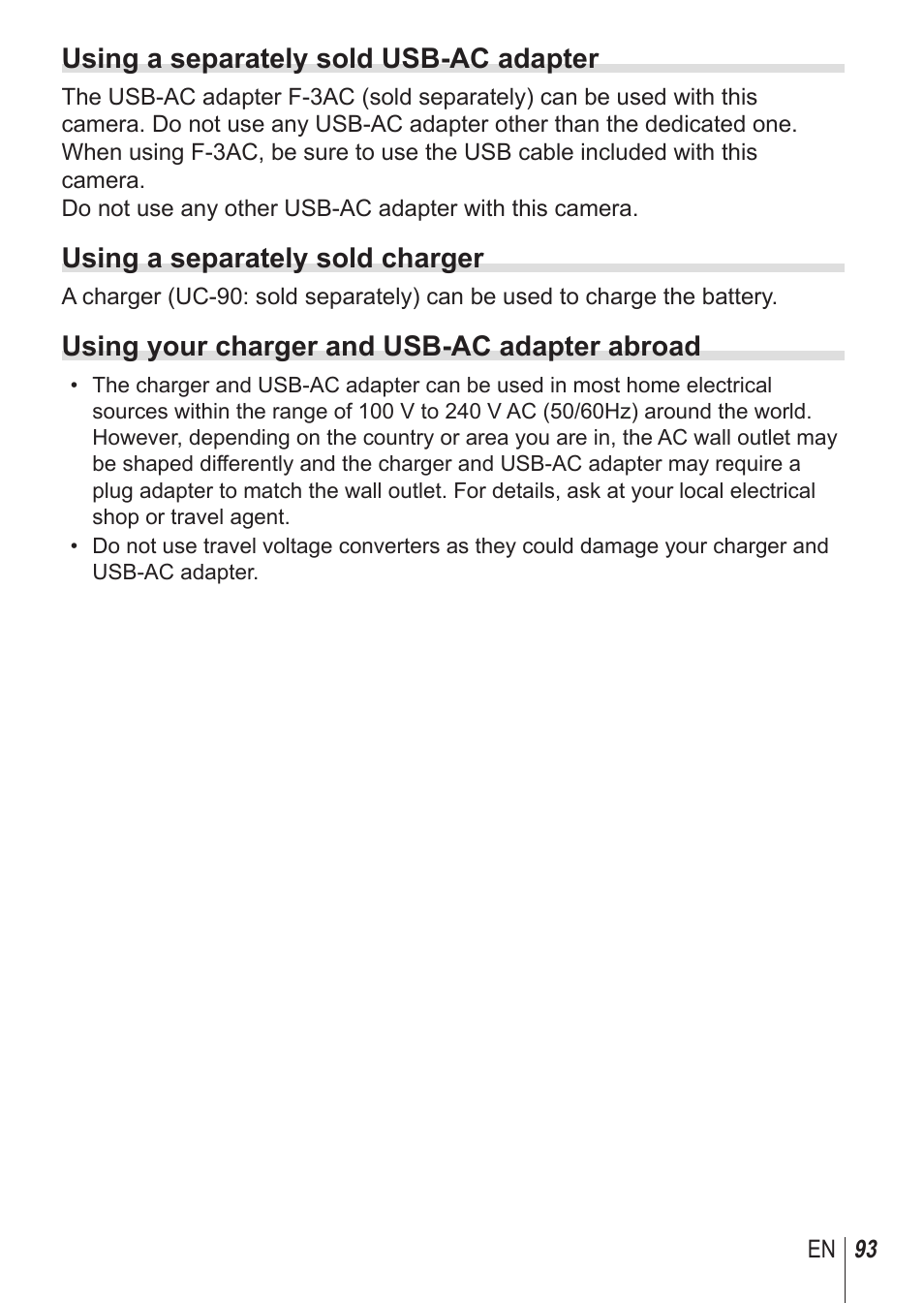 Using a separately sold usb-ac adapter, Using a separately sold charger, Using your charger and usb-ac adapter abroad | Olympus SH-1 User Manual | Page 93 / 113