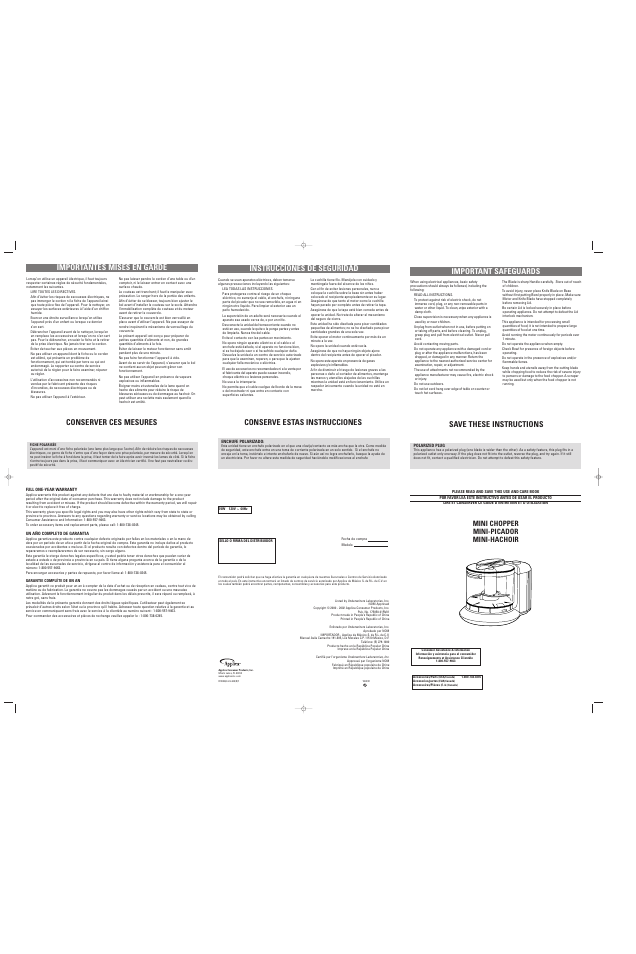 Applica WHC21 User Manual | 2 pages