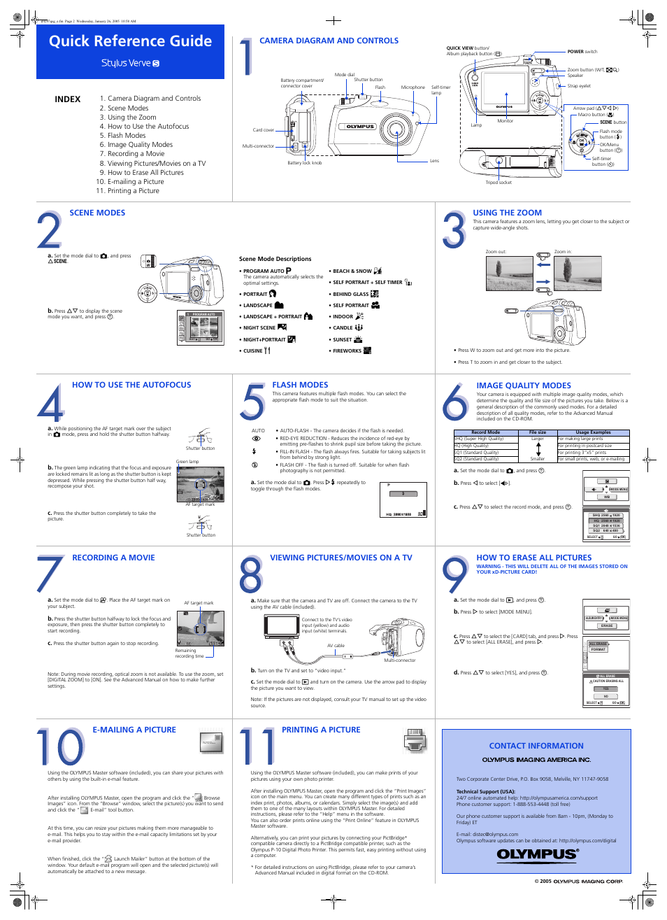 Quick reference guide, Index, E-mailing a picture | Printing a picture, Contact information, Camera diagram and controls, Scene modes, Using the zoom, How to use the autofocus, Flash modes | Olympus Stylus Verve S User Manual | Page 2 / 2