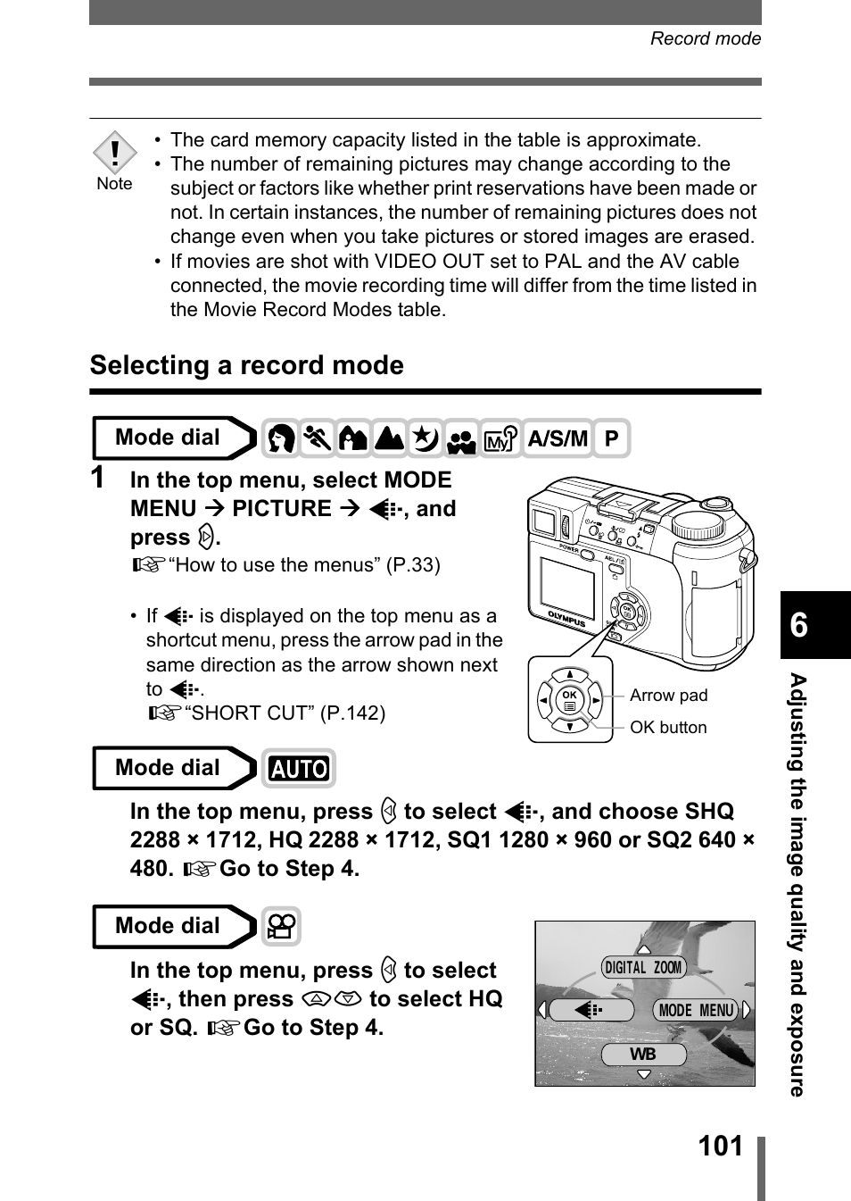Selecting a record mode | Olympus C-755 Ultra Zoom User Manual | Page 102 / 260