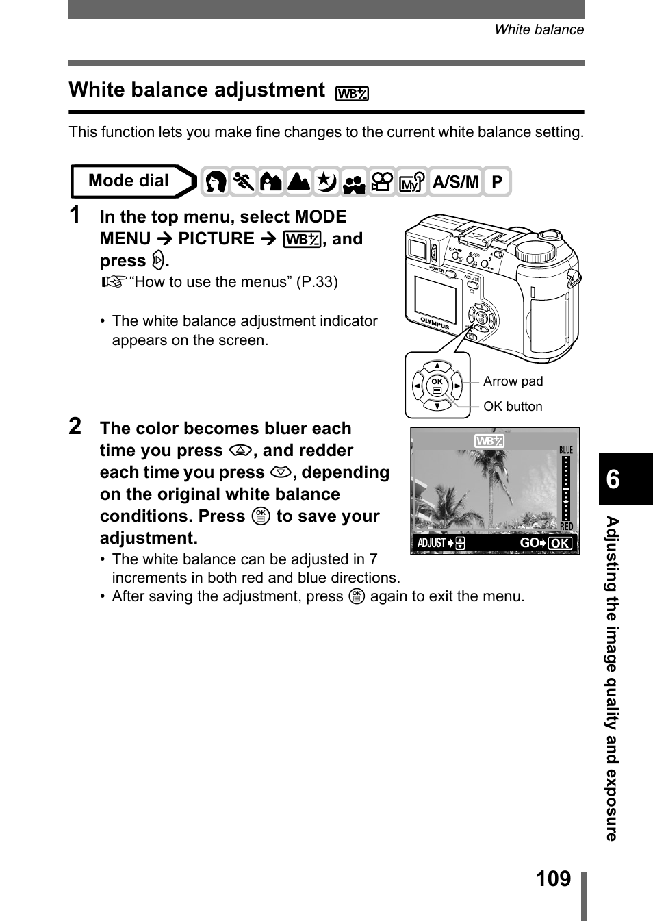 White balance adjustment, P.109 | Olympus C-755 Ultra Zoom User Manual | Page 110 / 260