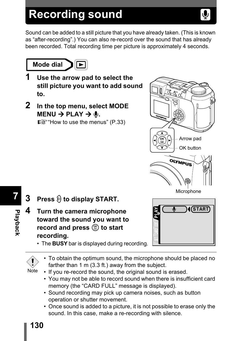 Recording sound, P.130, Recording | Sound” (p.130) | Olympus C-755 Ultra Zoom User Manual | Page 131 / 260