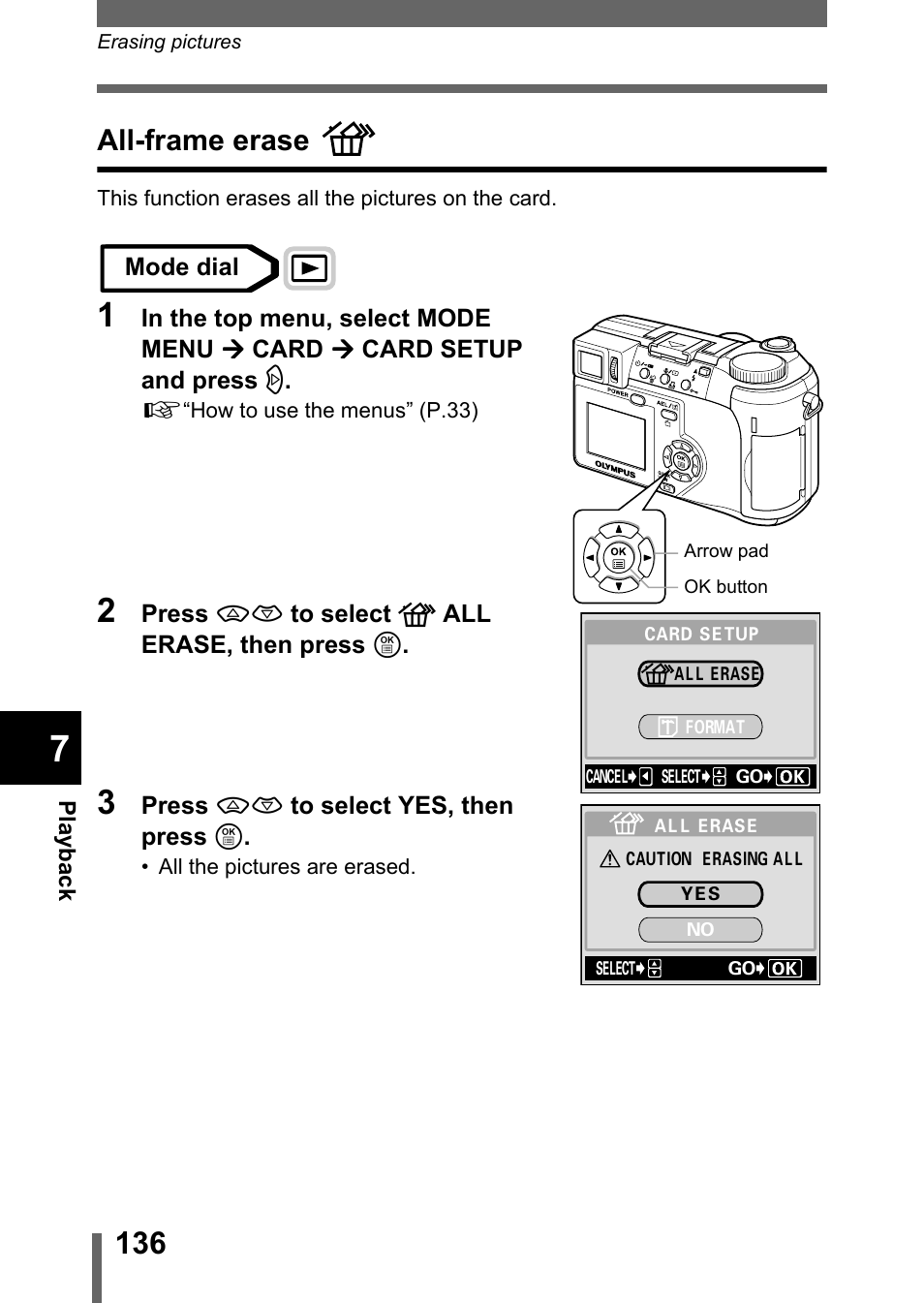 All-frame erase, P.136 | Olympus C-755 Ultra Zoom User Manual | Page 137 / 260
