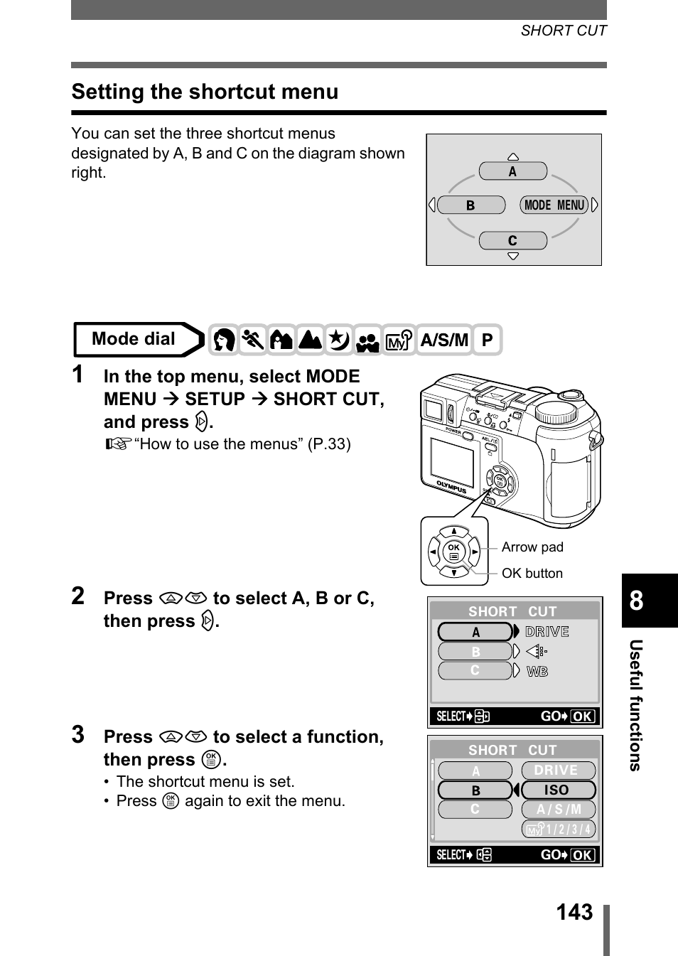 Setting the shortcut menu, G“setting the shortcut menu” (p.143) | Olympus C-755 Ultra Zoom User Manual | Page 144 / 260