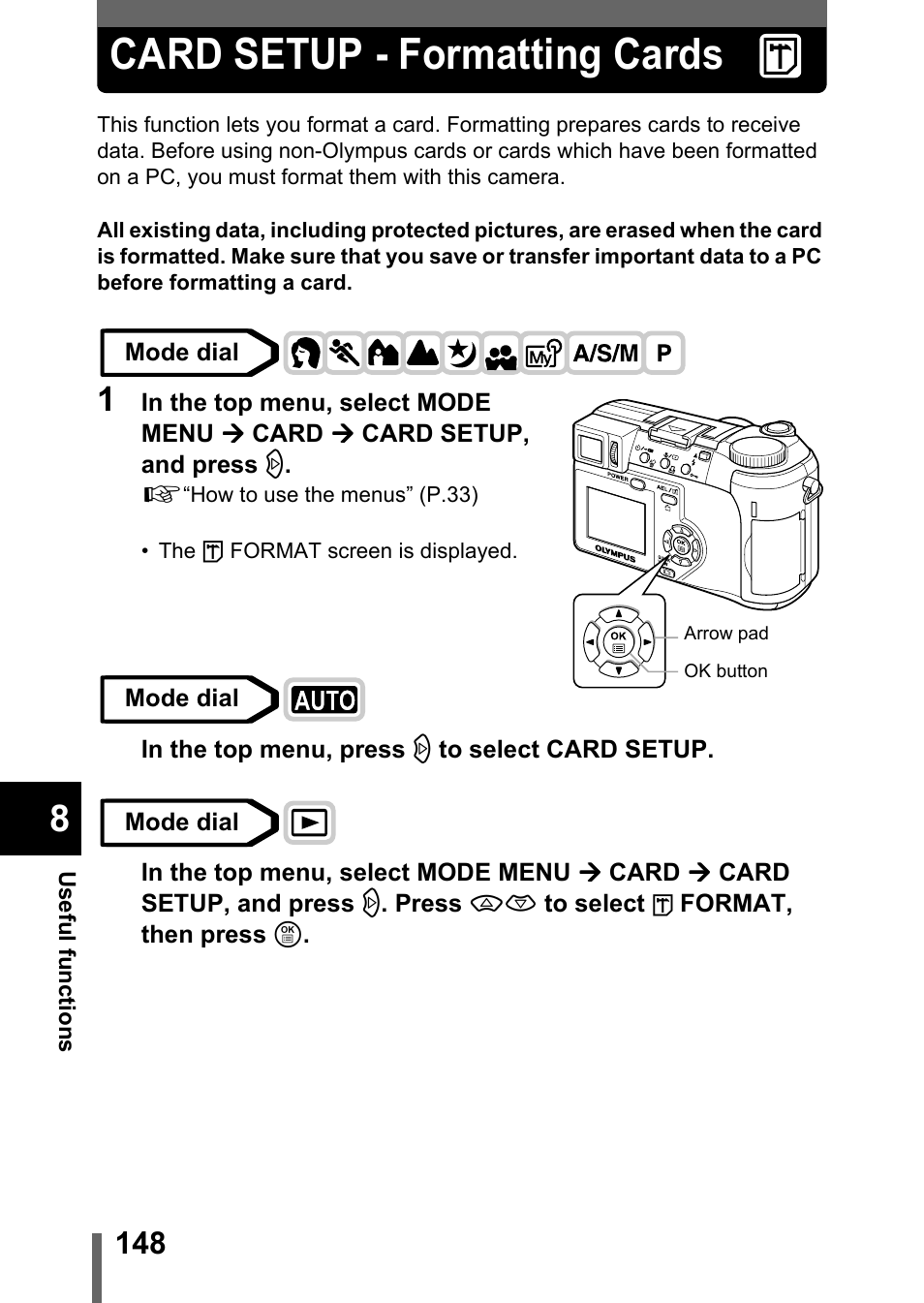 Card setup - formatting cards, P.148, G“card setup - formatting cards” (p.148) | Olympus C-755 Ultra Zoom User Manual | Page 149 / 260