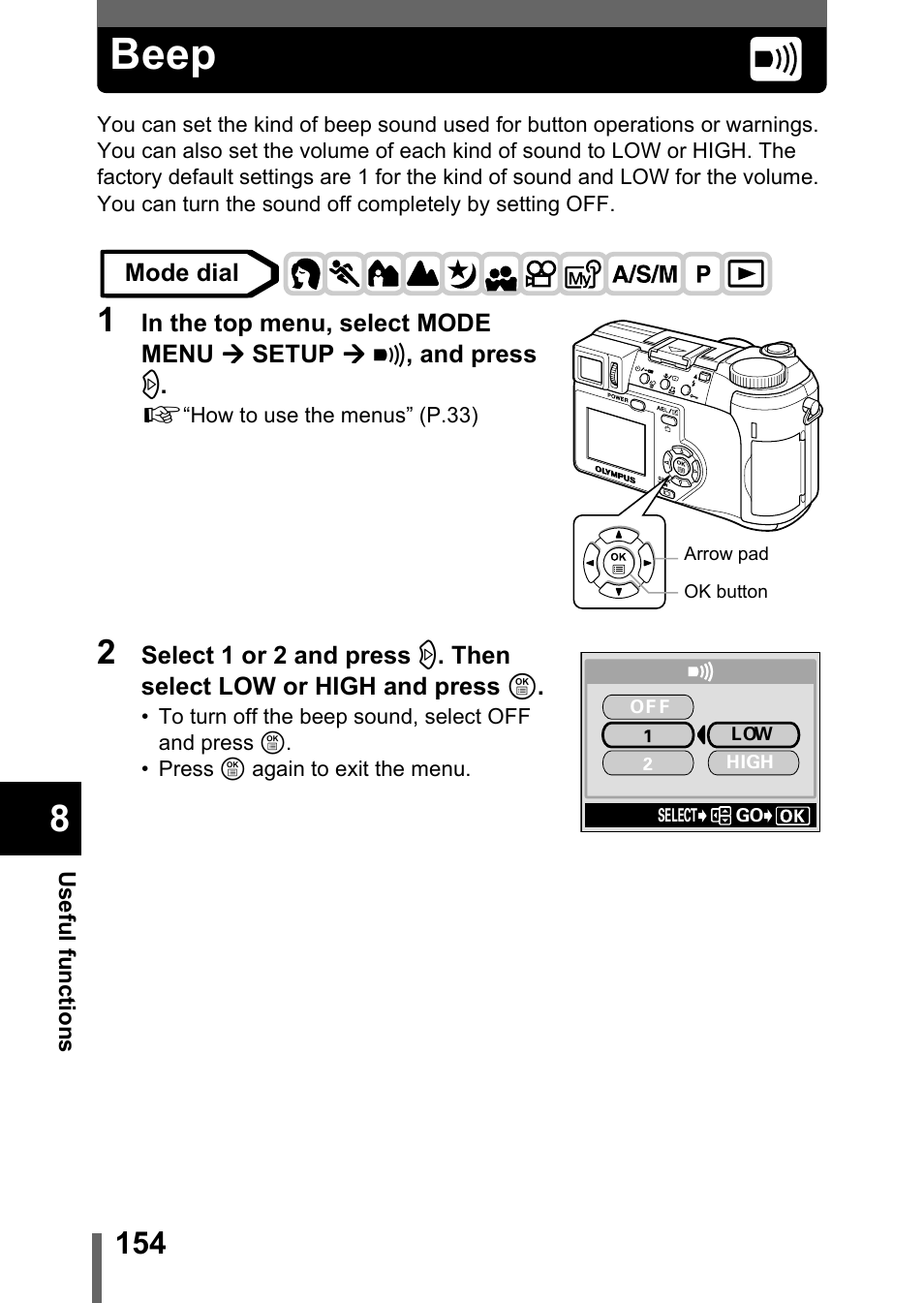 Beep, P.154 | Olympus C-755 Ultra Zoom User Manual | Page 155 / 260