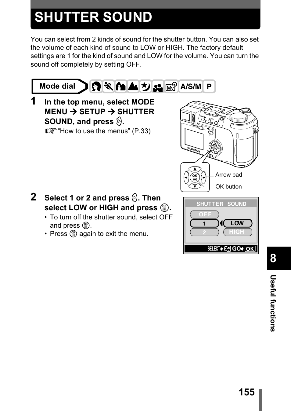 Shutter sound, P.155 | Olympus C-755 Ultra Zoom User Manual | Page 156 / 260