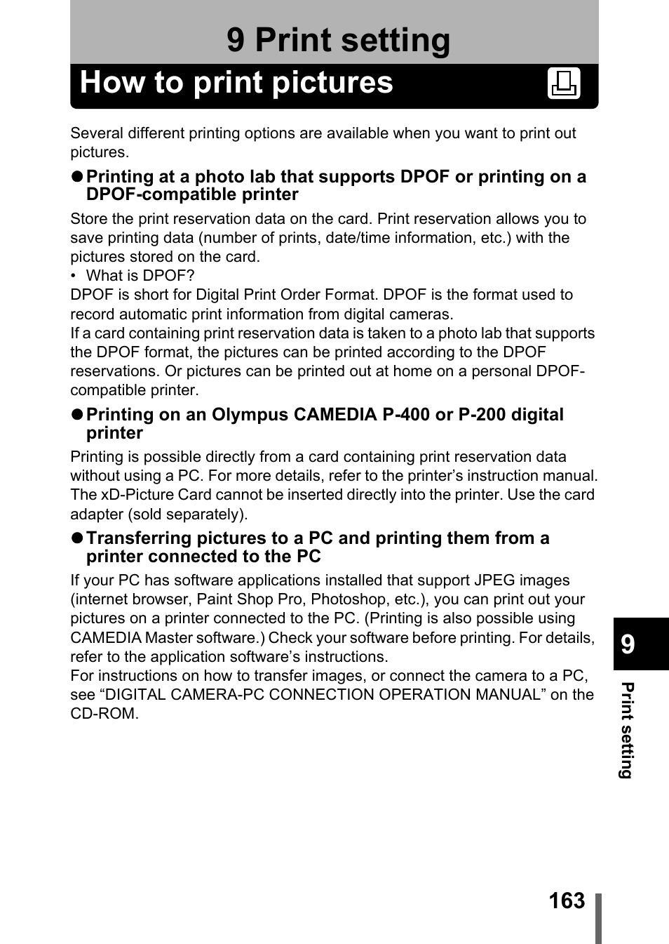 9 print setting, How to print pictures, Print setting | P.163 | Olympus C-755 Ultra Zoom User Manual | Page 164 / 260