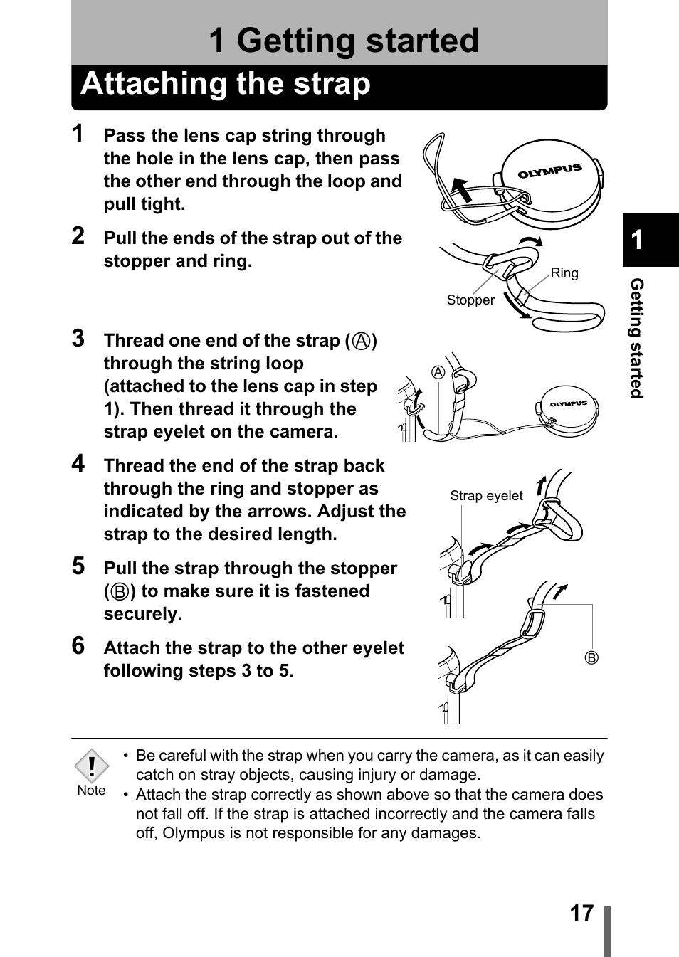 1 getting started, Attaching the strap, Getting started | P.17 | Olympus C-755 Ultra Zoom User Manual | Page 18 / 260