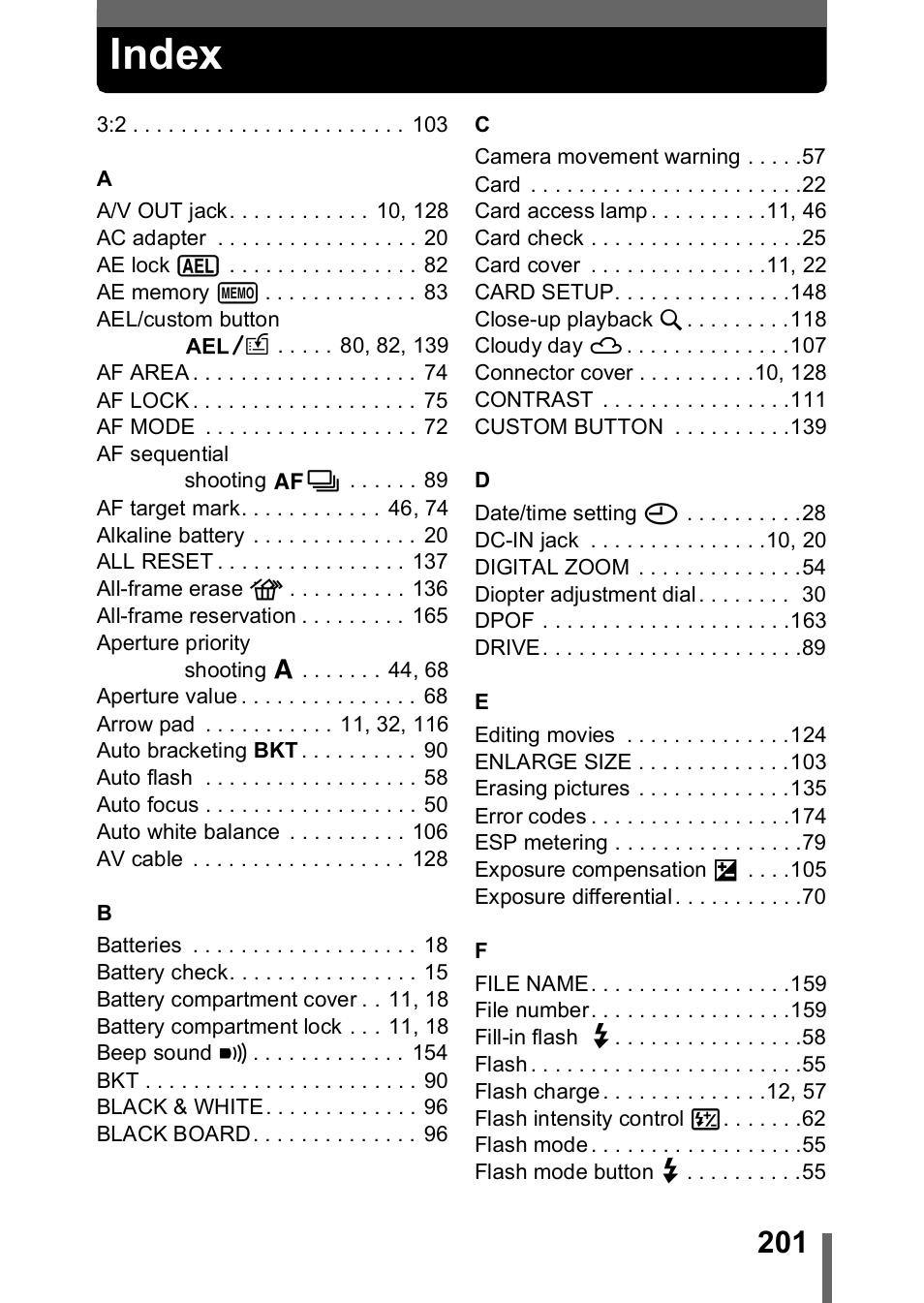 Index, P.201 | Olympus C-755 Ultra Zoom User Manual | Page 202 / 260