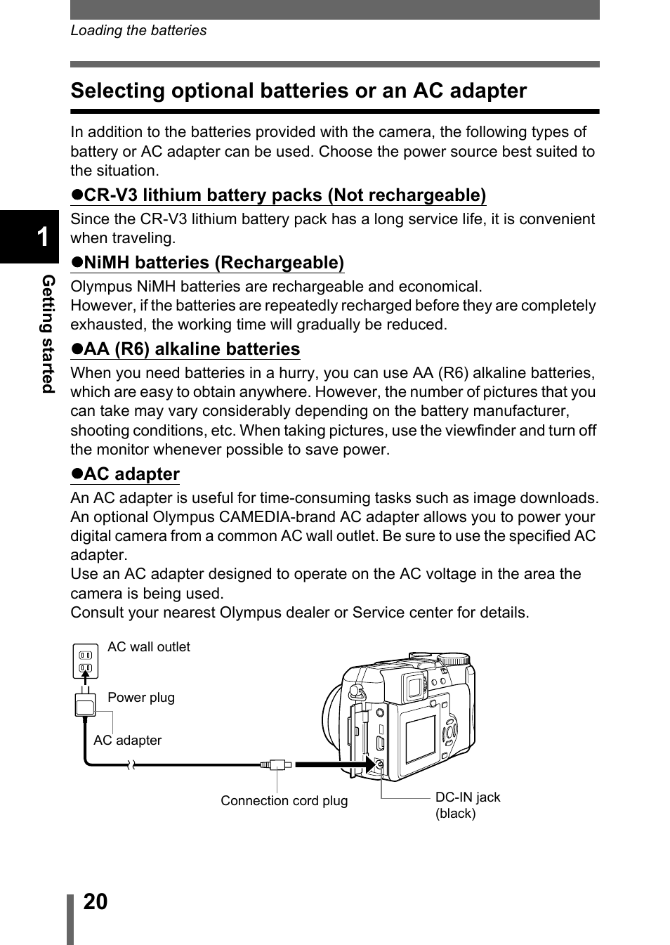 Selecting optional batteries or an ac adapter, P.20 | Olympus C-755 Ultra Zoom User Manual | Page 21 / 260