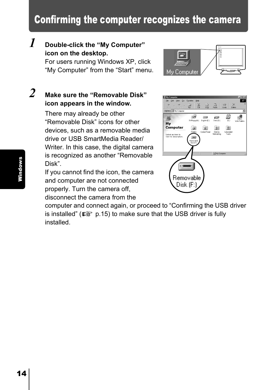 Confirming the computer recognizes the camera, Mera (p.14) | Olympus C-755 Ultra Zoom User Manual | Page 220 / 260