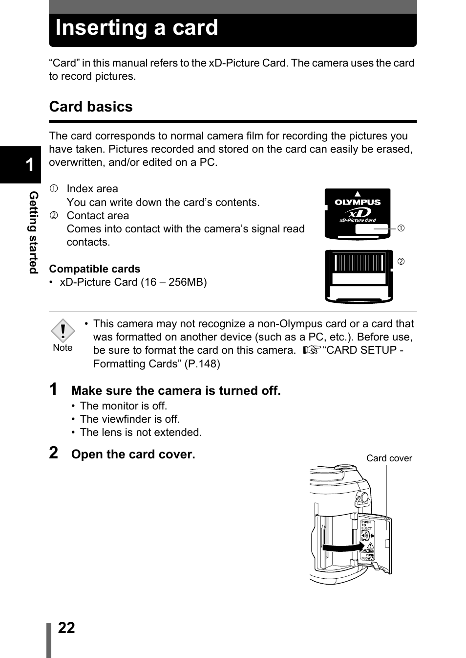 Inserting a card, Card basics, P.22 | Olympus C-755 Ultra Zoom User Manual | Page 23 / 260