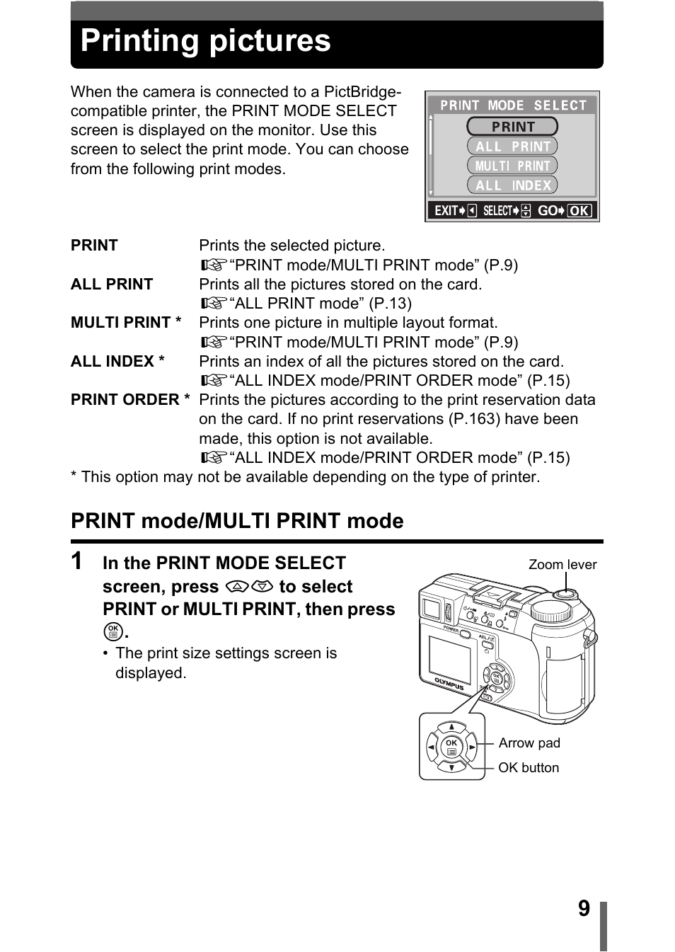Printing pictures, Print mode/multi print mode | Olympus C-755 Ultra Zoom User Manual | Page 247 / 260