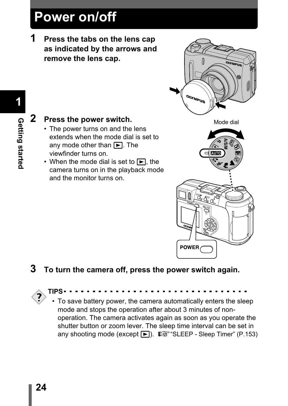 Power on/off, P.24 | Olympus C-755 Ultra Zoom User Manual | Page 25 / 260