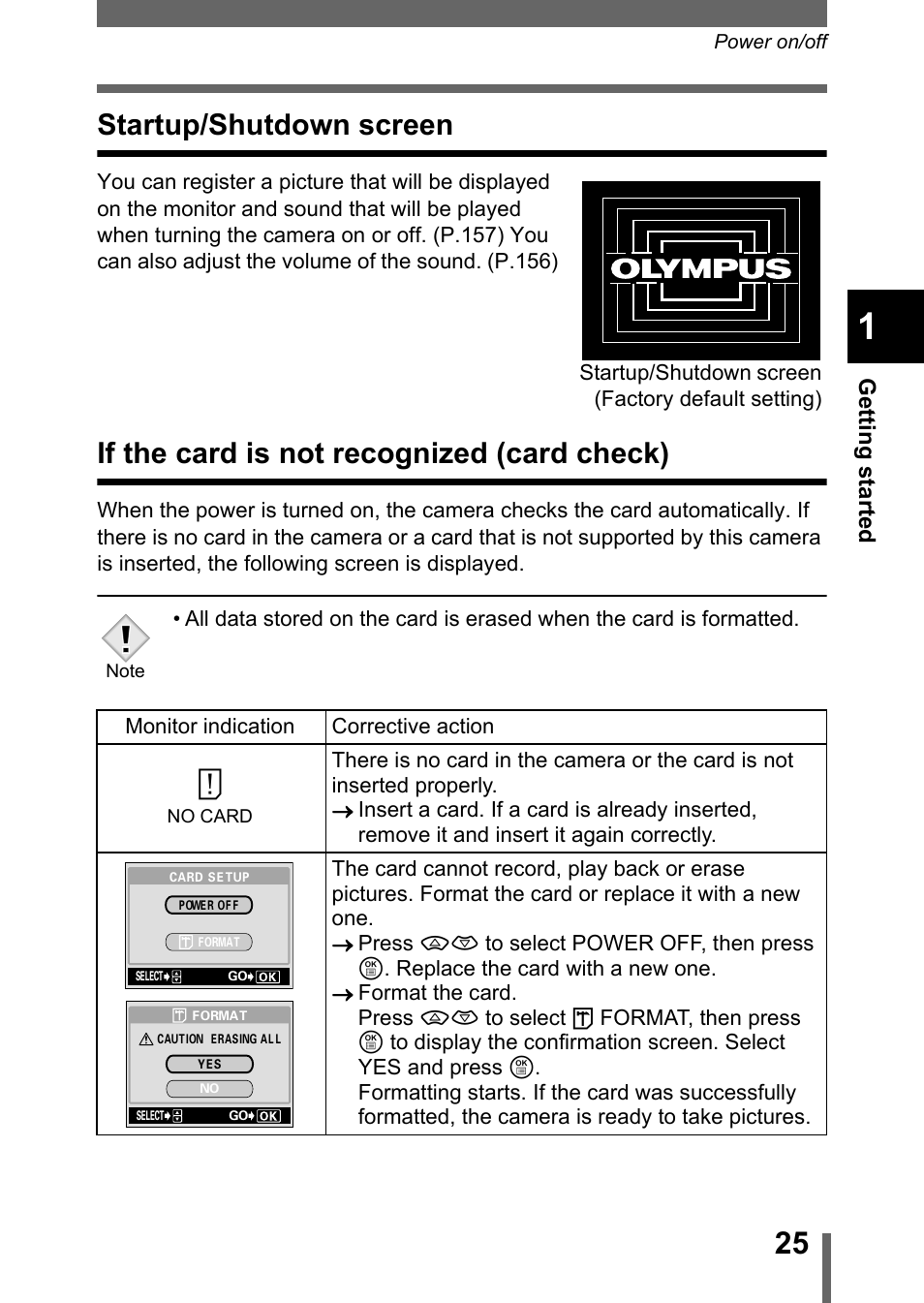 Startup/shutdown screen, If the card is not recognized (card check) | Olympus C-755 Ultra Zoom User Manual | Page 26 / 260