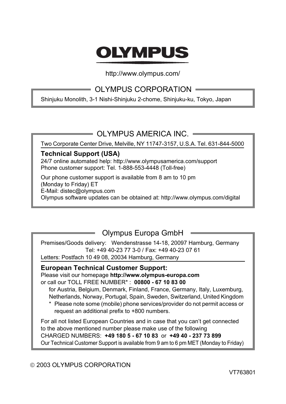 Olympus corporation, Olympus america inc, Olympus europa gmbh | Olympus C-755 Ultra Zoom User Manual | Page 260 / 260