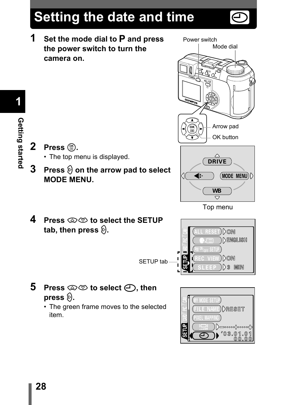 Setting the date and time, P.28 | Olympus C-755 Ultra Zoom User Manual | Page 29 / 260