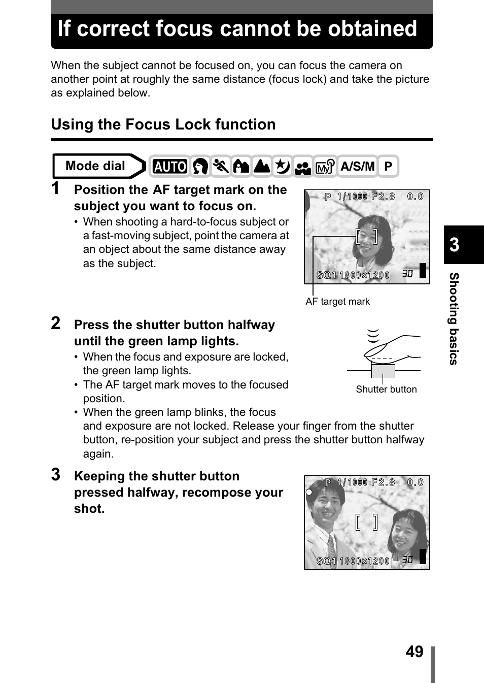 If correct focus cannot be obtained, Using the focus lock function, If correct focus cannot be obtained” (p.49) | Olympus C-755 Ultra Zoom User Manual | Page 50 / 260