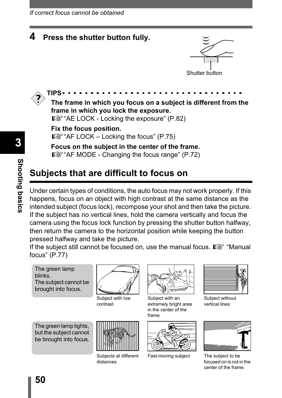 Subjects that are difficult to focus on, G“subjects that are difficult to focus on” (p.50) | Olympus C-755 Ultra Zoom User Manual | Page 51 / 260