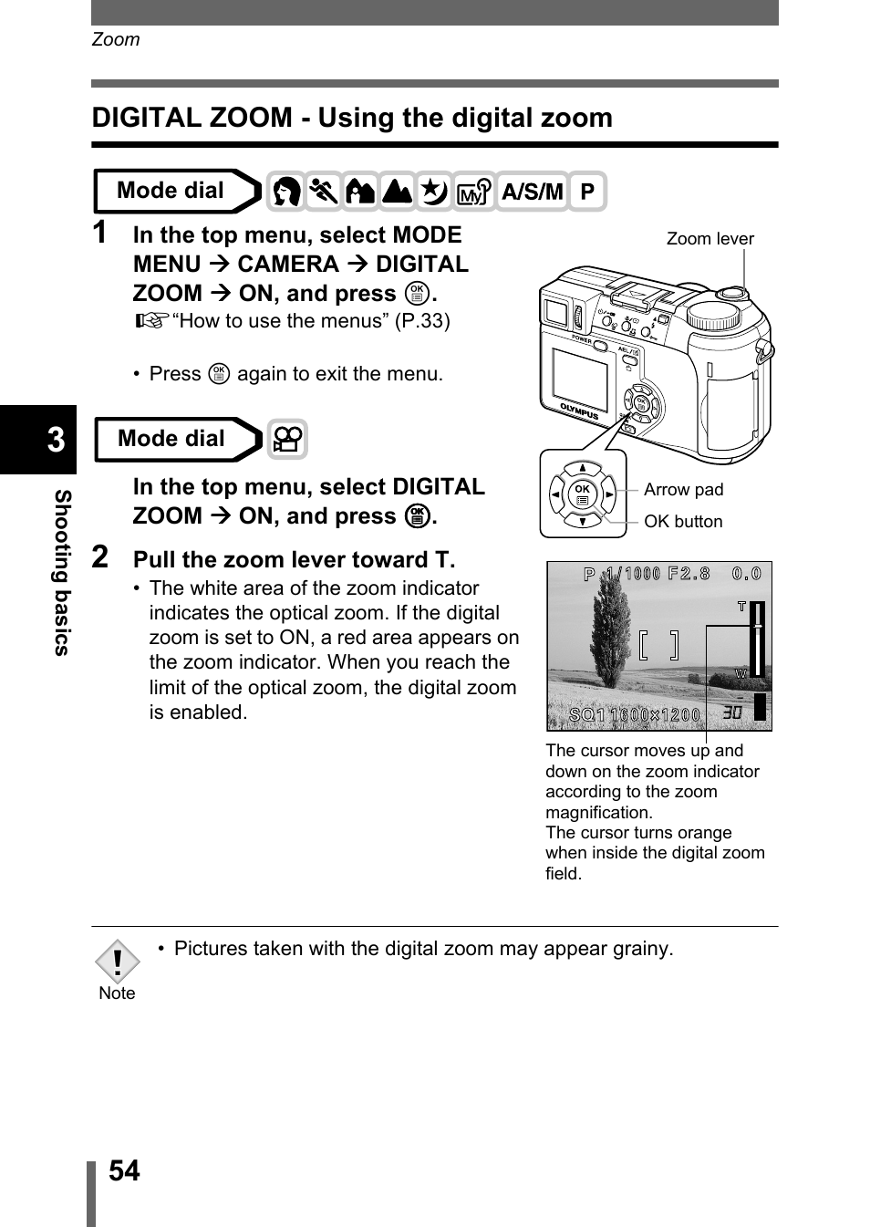 Digital zoom - using the digital zoom, P.54, Digital zoom - using the digital zoom” (p.54) | Digital zoom - using the digital, Zoom” (p.54) | Olympus C-755 Ultra Zoom User Manual | Page 55 / 260