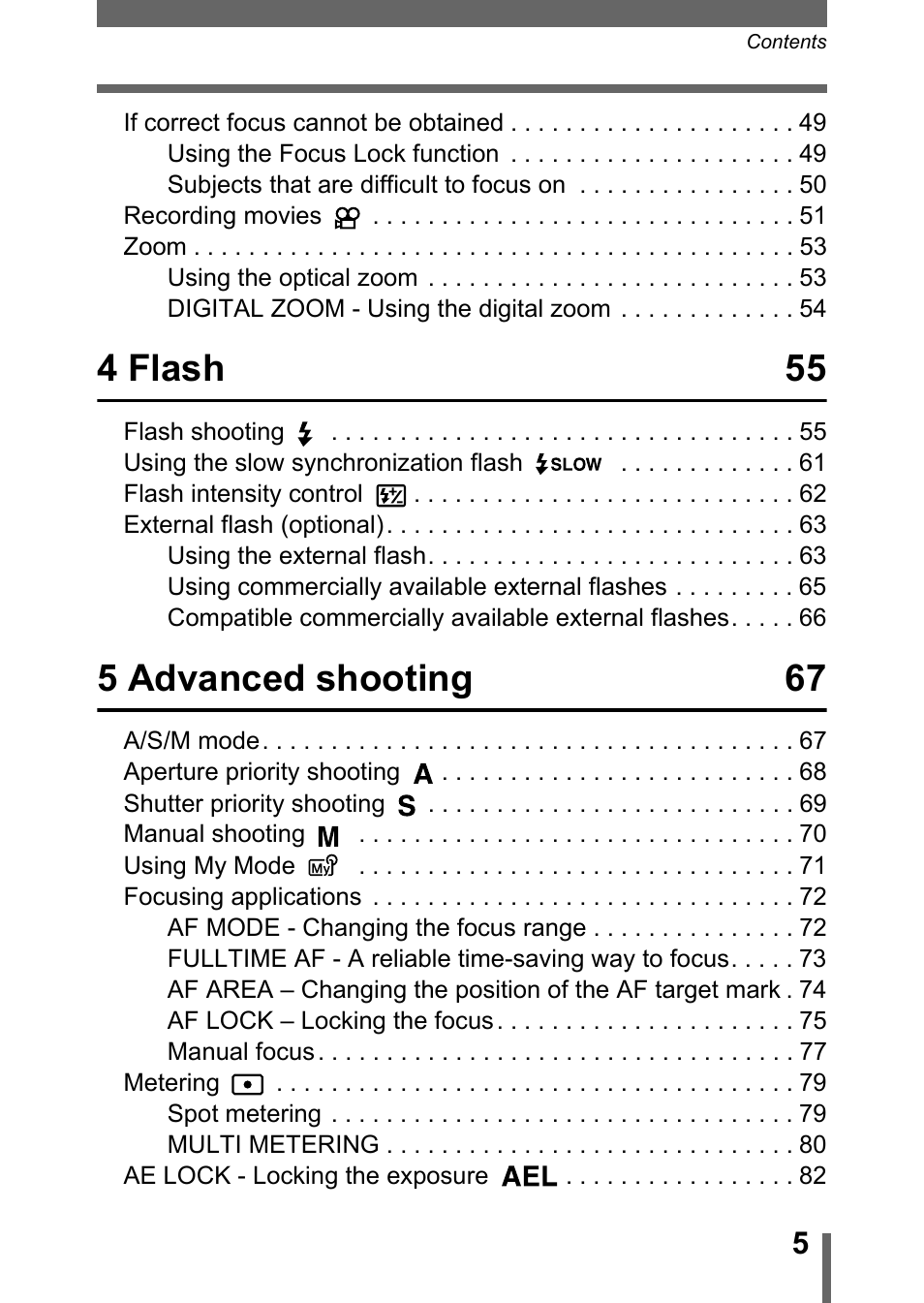 4 flash 55, 5 advanced shooting 67 | Olympus C-755 Ultra Zoom User Manual | Page 6 / 260