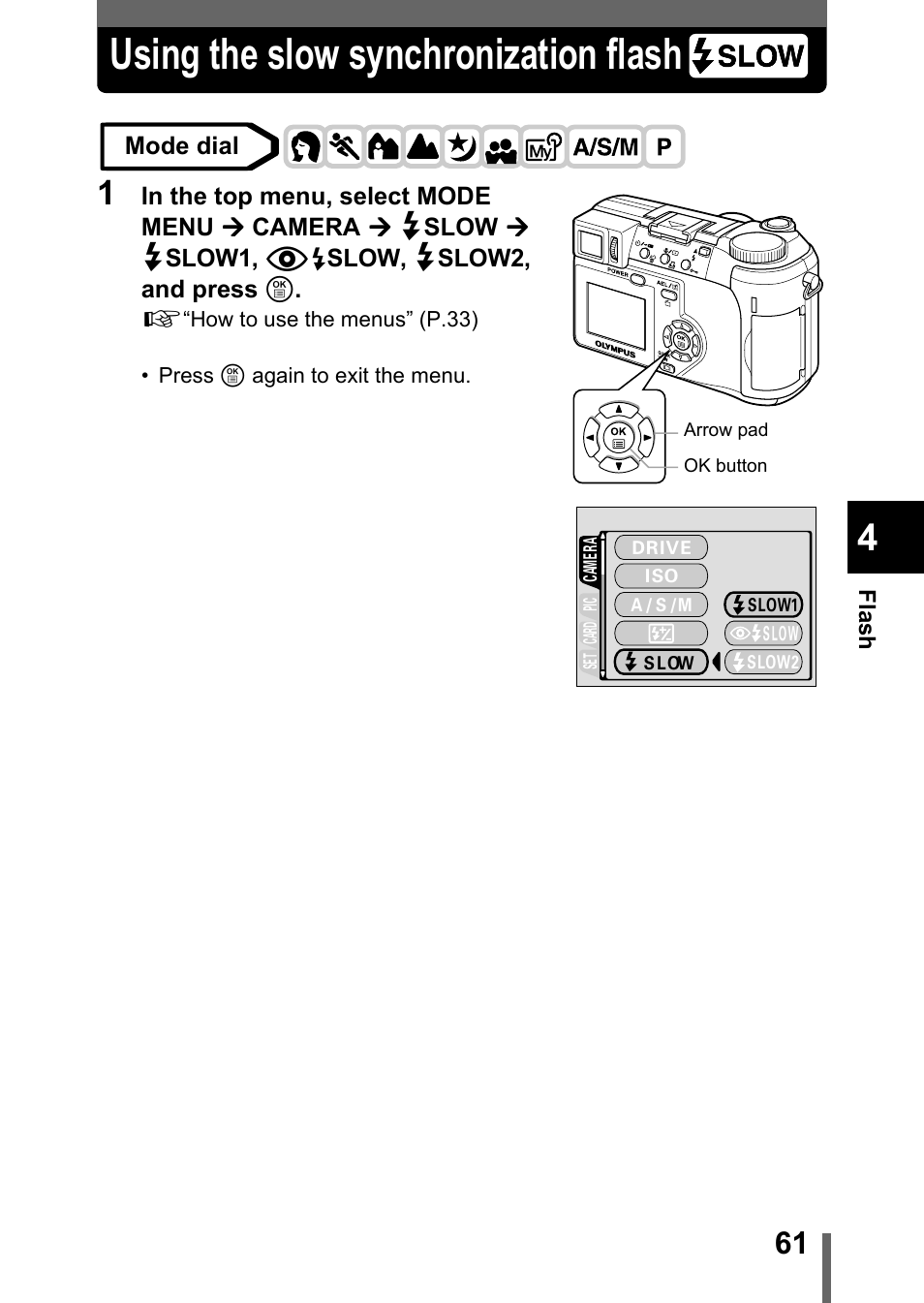 Using the slow synchronization flash, P.61 | Olympus C-755 Ultra Zoom User Manual | Page 62 / 260