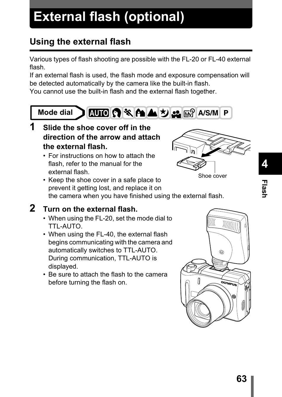 External flash (optional), Using the external flash, P.63 | Olympus C-755 Ultra Zoom User Manual | Page 64 / 260