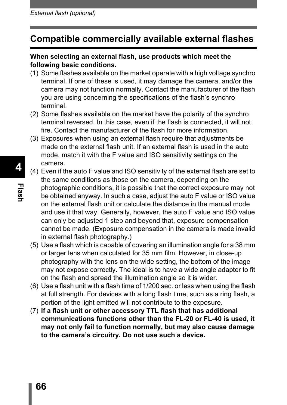 Compatible commercially available external flashes | Olympus C-755 Ultra Zoom User Manual | Page 67 / 260