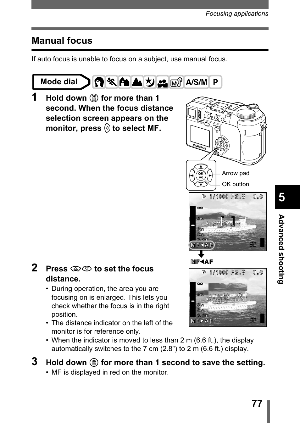 Manual focus, P.77, Manual | Focus” (p.77) | Olympus C-755 Ultra Zoom User Manual | Page 78 / 260