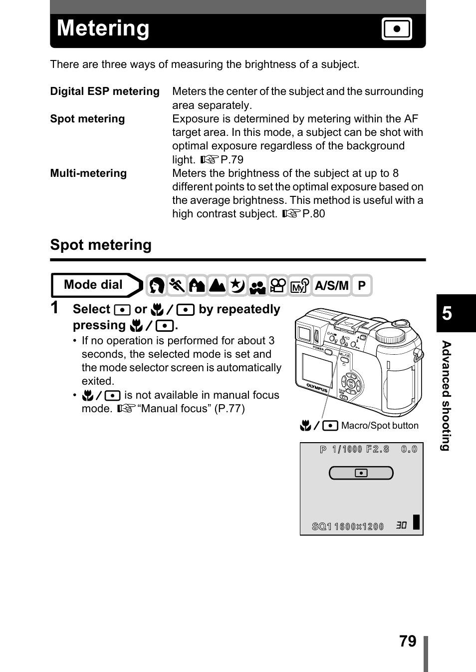 Metering, Spot metering, P.79 | Olympus C-755 Ultra Zoom User Manual | Page 80 / 260