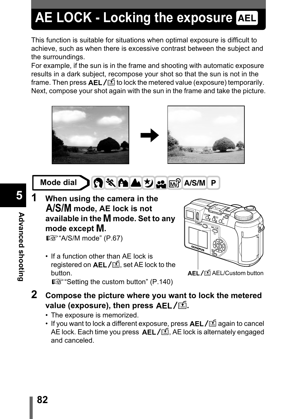 Ae lock - locking the exposure, P.82, Ae lock - locking the exposure” (p.82) | Olympus C-755 Ultra Zoom User Manual | Page 83 / 260