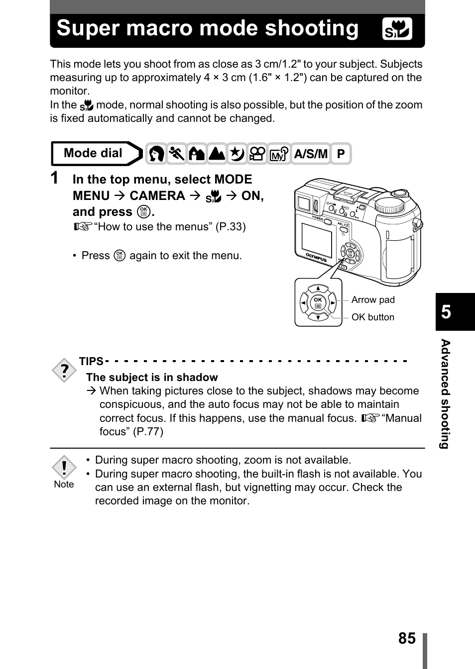 Super macro mode shooting, P.85, P.85) | Olympus C-755 Ultra Zoom User Manual | Page 86 / 260