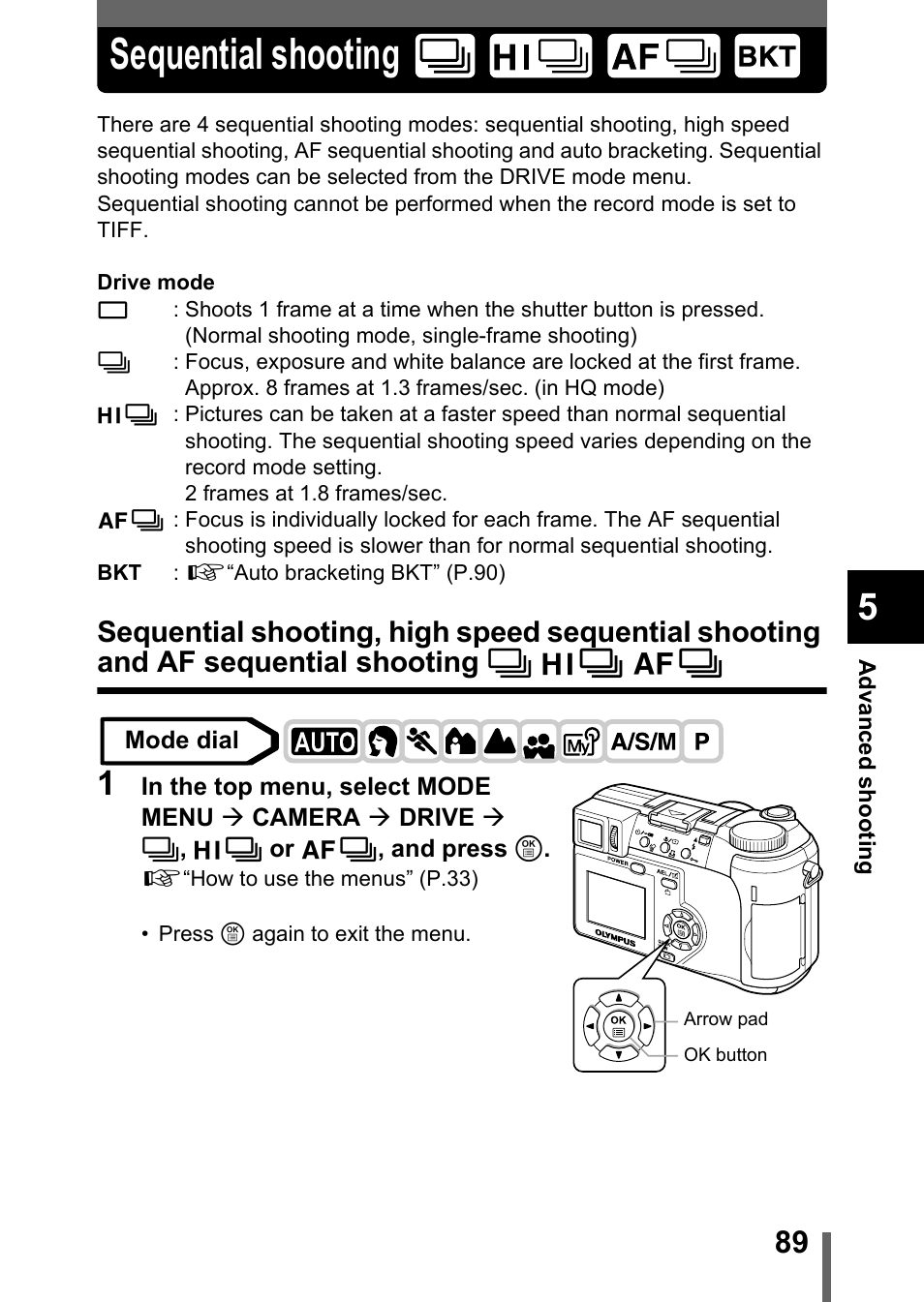 Sequential shooting, And af sequential shooting, P.89 | Olympus C-755 Ultra Zoom User Manual | Page 90 / 260