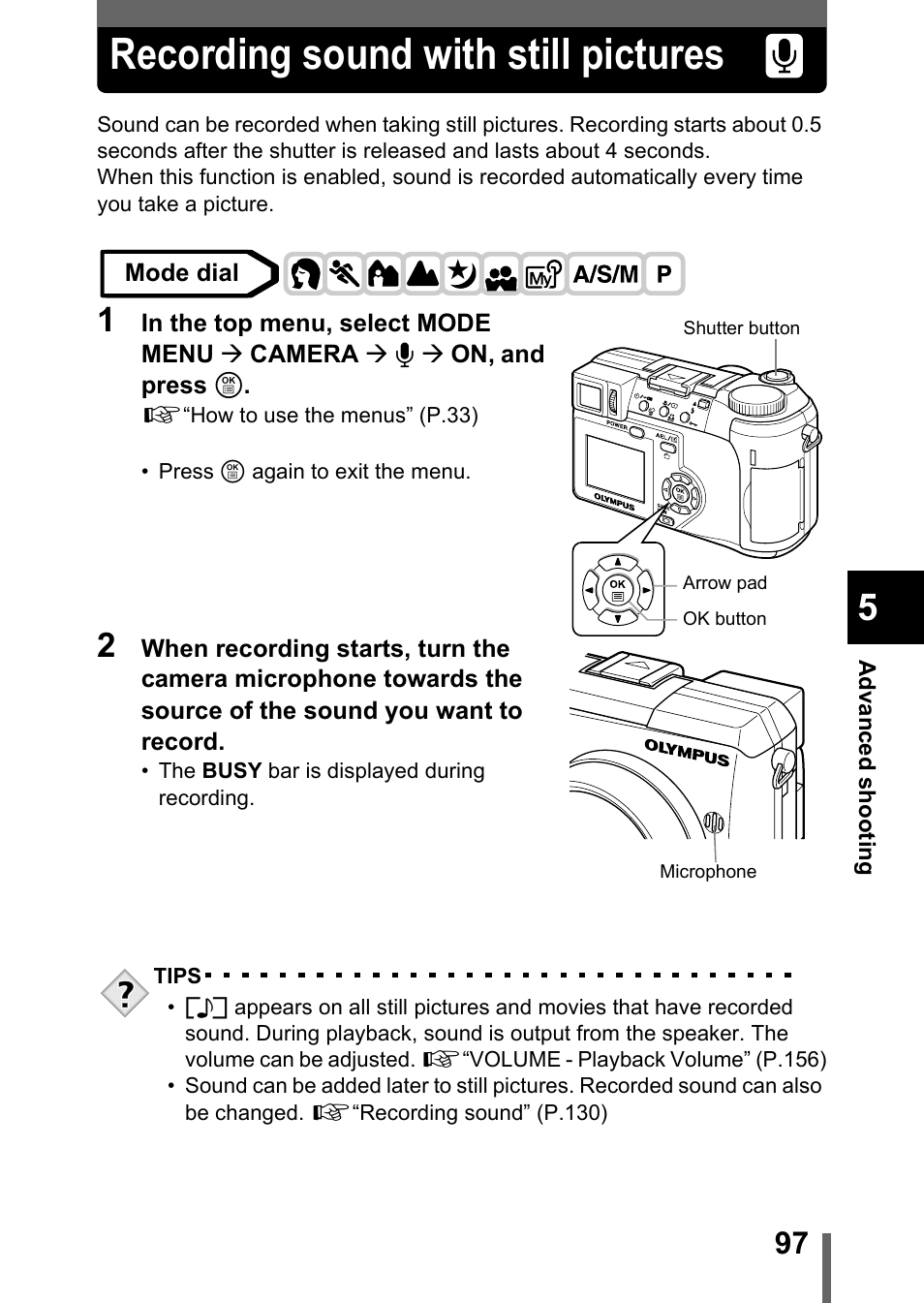 Recording sound with still pictures, P.97, 98, P.97 | Recording sound with still pictures” (p.97) yo | Olympus C-755 Ultra Zoom User Manual | Page 98 / 260