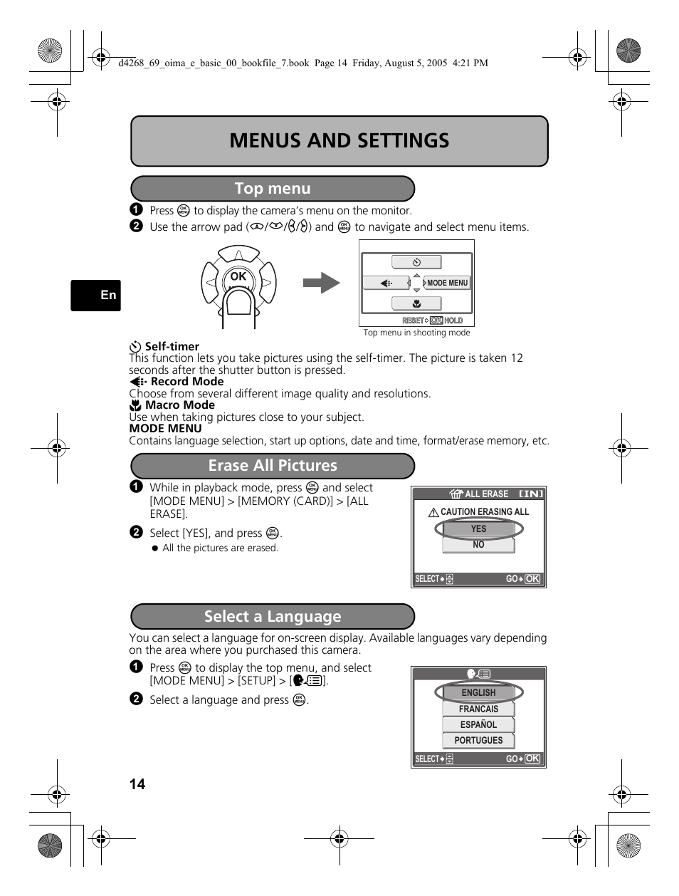 Menus and settings, Top menu, Erase all pictures | Select a language | Olympus SP-350 User Manual | Page 14 / 84