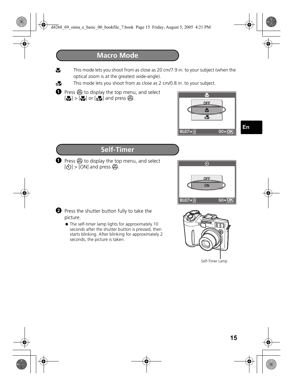 Macro mode, Self-timer | Olympus SP-350 User Manual | Page 15 / 84