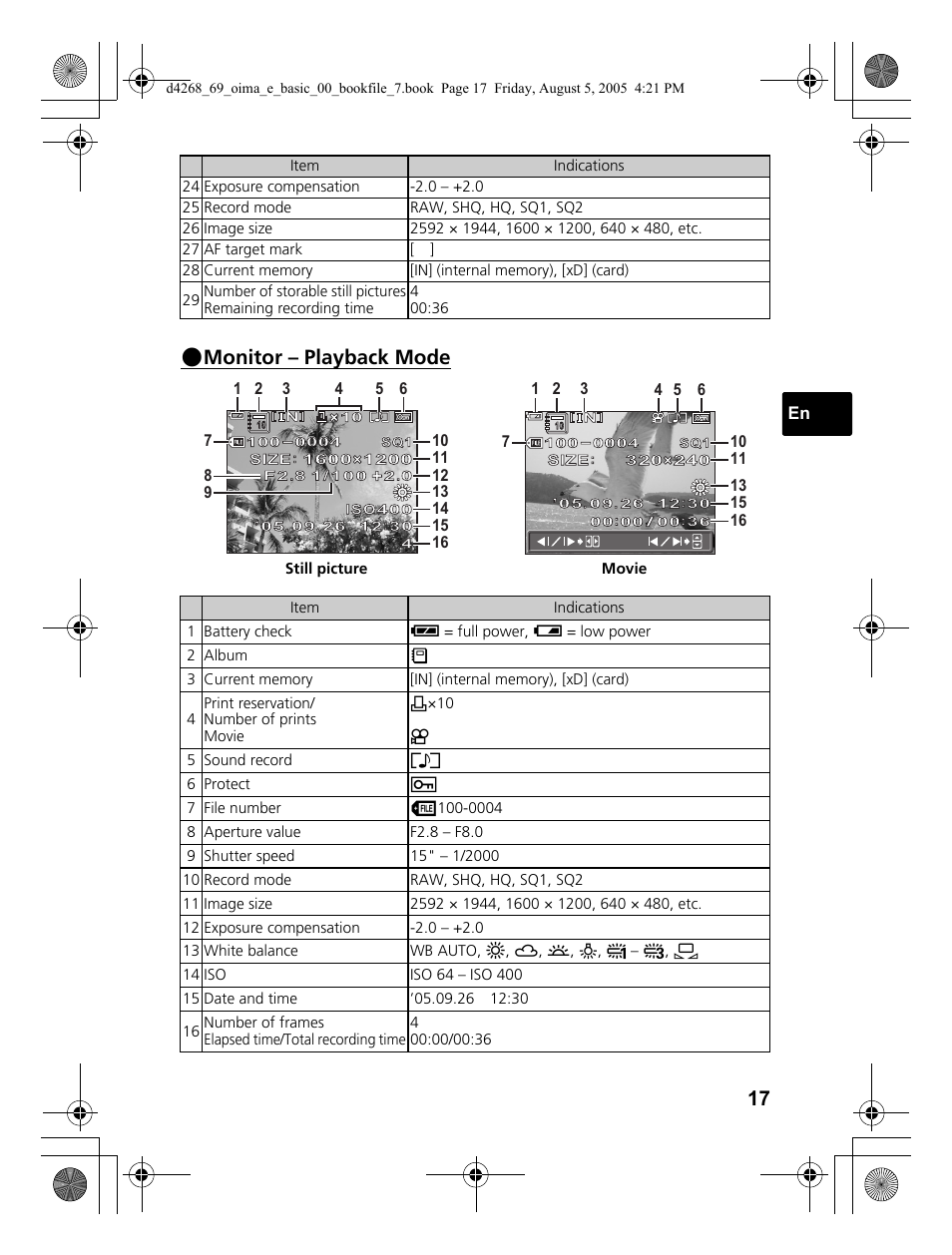 Monitor – playback mode | Olympus SP-350 User Manual | Page 17 / 84