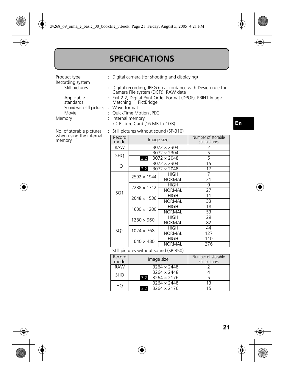 Specifications | Olympus SP-350 User Manual | Page 21 / 84