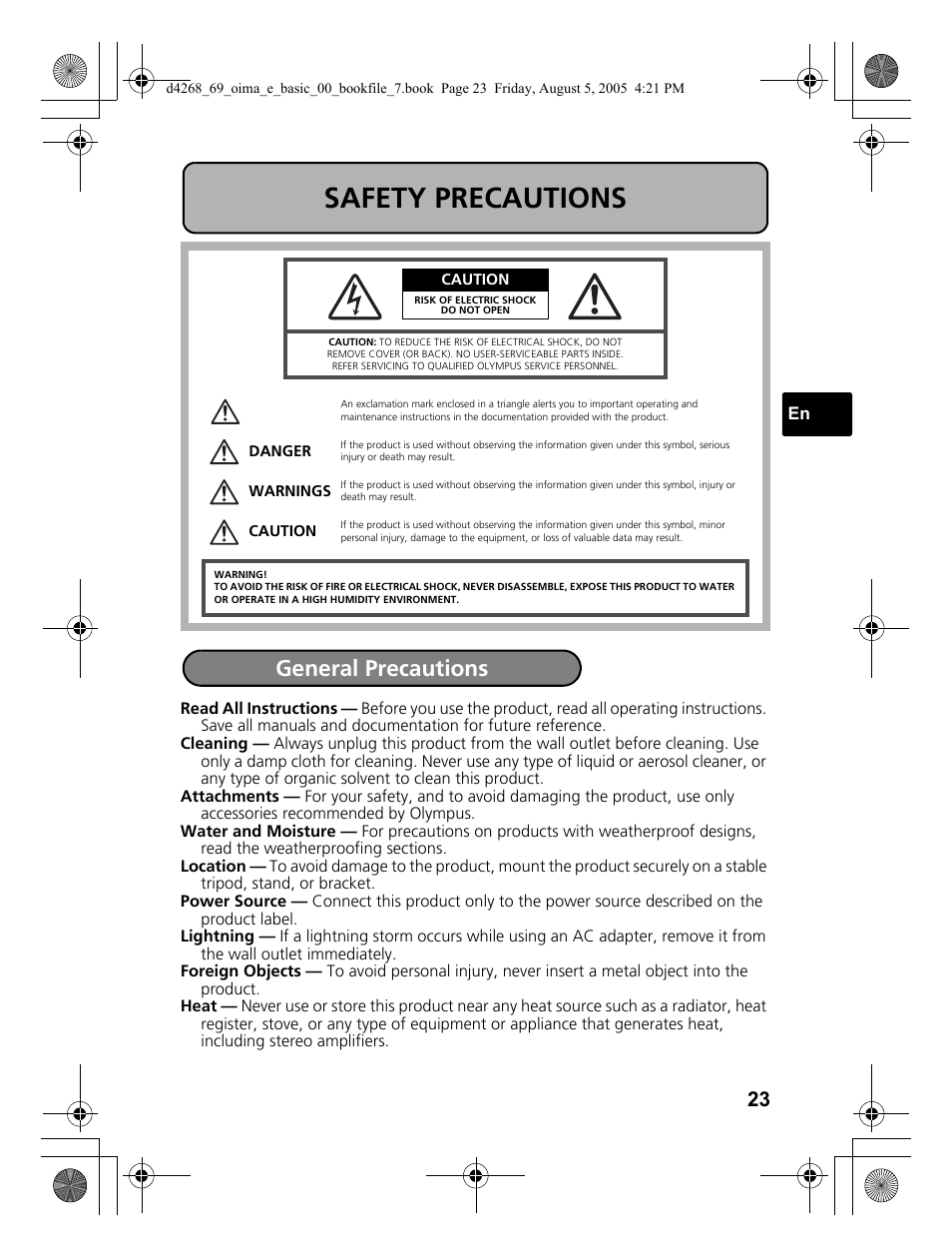 Safety precautions, General precautions | Olympus SP-350 User Manual | Page 23 / 84