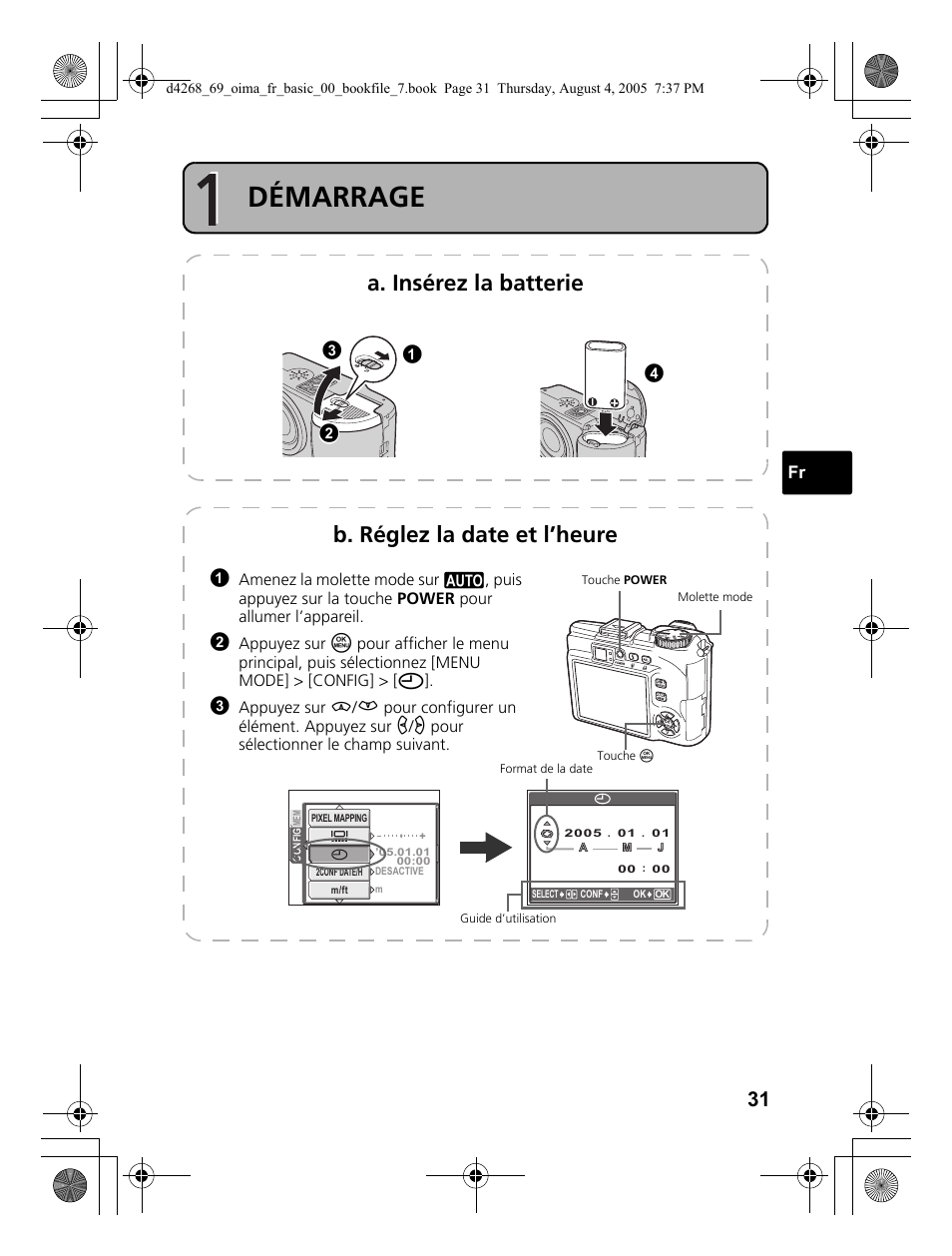 Démarrage, A. insérez la batterie, B. réglez la date et l’heure | Olympus SP-350 User Manual | Page 31 / 84