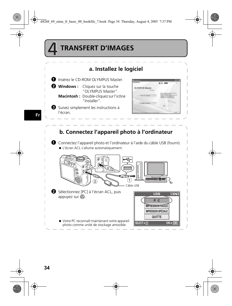 Transfert d’images, A. installez le logiciel, B. connectez l’appareil photo à l’ordinateur | Olympus SP-350 User Manual | Page 34 / 84